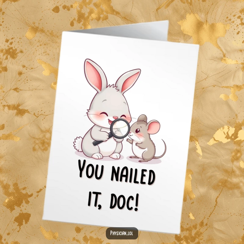 Funny Free Printable Congratulations Card: A friendly rabbit vet inspects a small mouse with a magnifying glass, celebrating success. Adorable and witty.