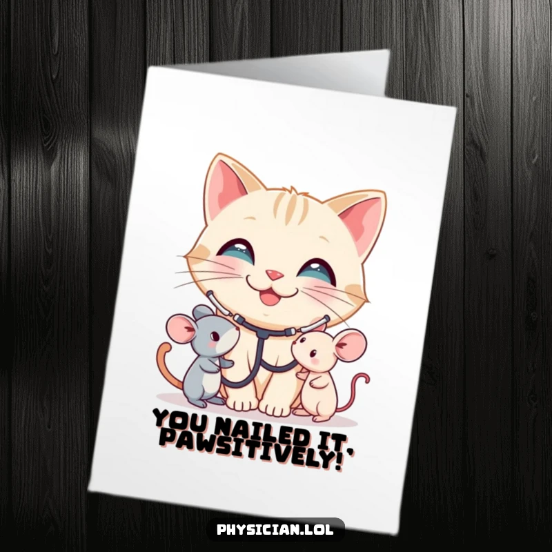 Funny Free Printable Congratulations Card: A smiling cat doctor with a stethoscope listens to a toy mouse, celebrating a successful outcome.