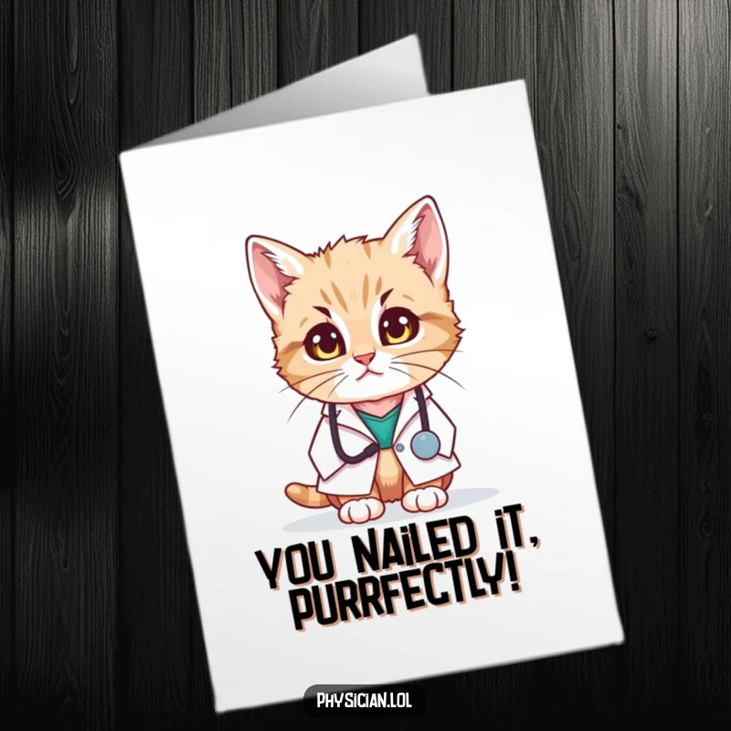 Funny free printable congratulations card: a kitten doctor in a tiny coat looks worried but proud of the success.
