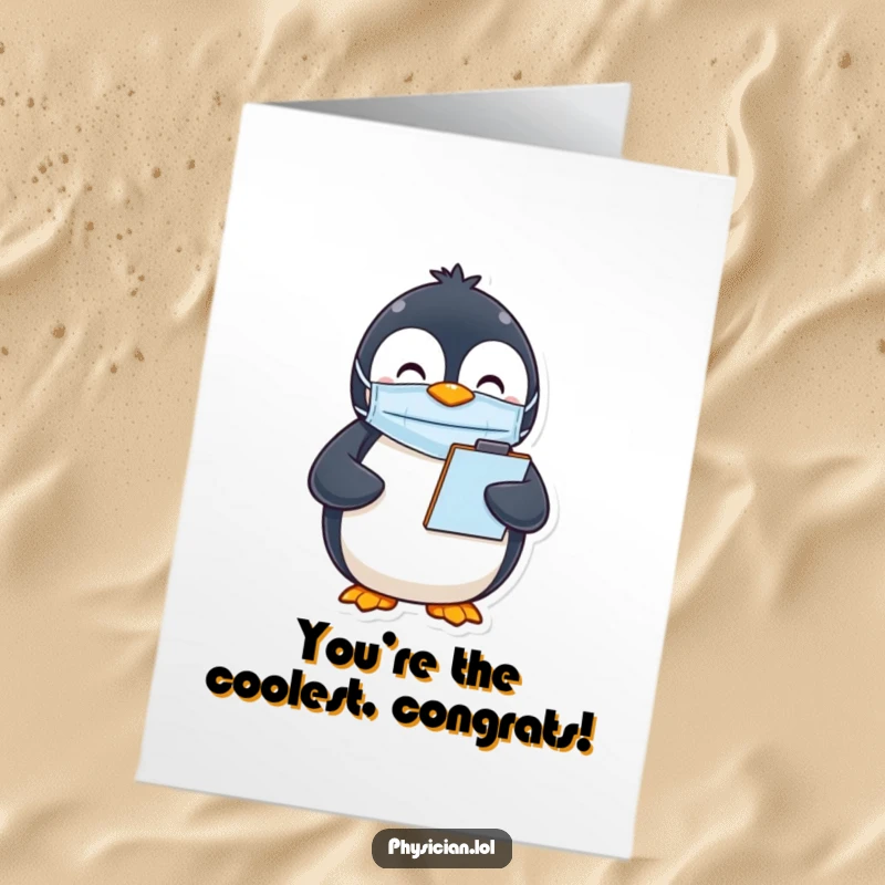 Funny Free Printable Congrats Card: Penguin wearing a mask and holding a clipboard, a humorous downloadable card for congratulations.