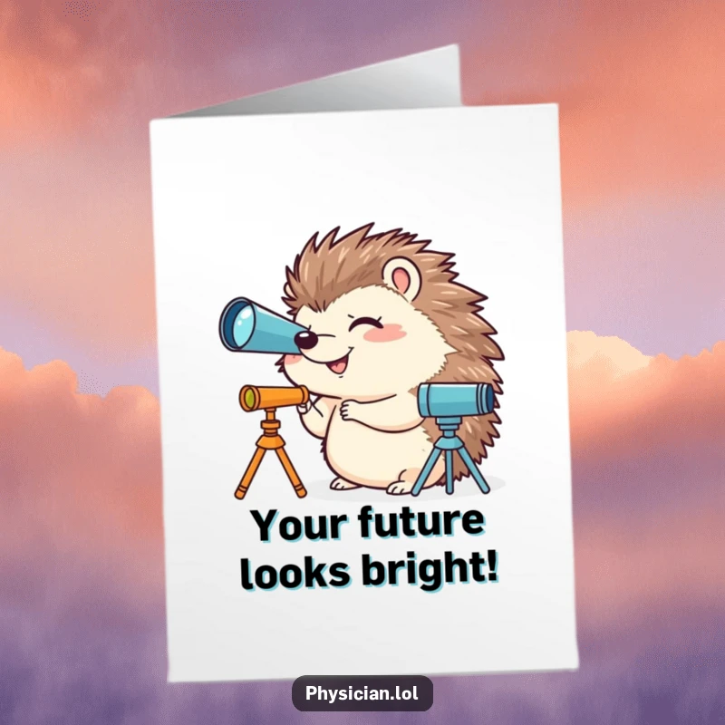 Funny Free Printable Congrats Card: Giggling hedgehog operating a miniature telescope, celebrating a discovery, downloadable.