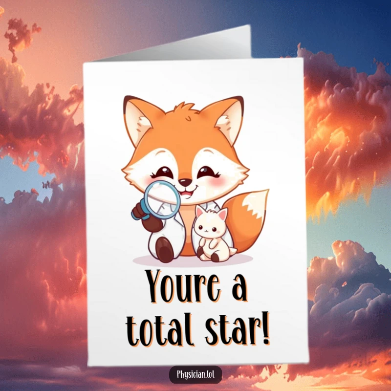 Funny free printable congratulations card: A grinning fox doctor uses a magnifying glass to confirm a patient's excellent progress, a humorous congrats.