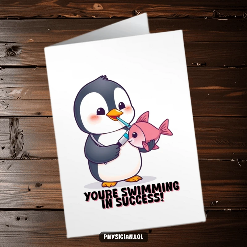 Funny Free Printable Congratulations Card with a penguin doctor checking a fish's temperature, celebrating good health and success.