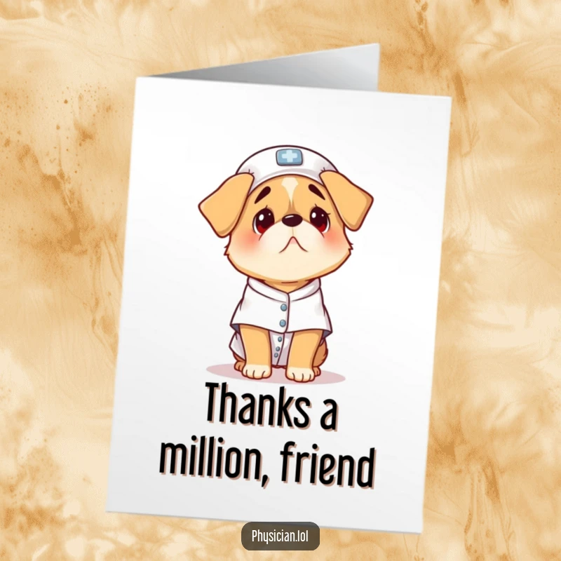 Funny Free Printable Thank You Card: A dog wearing a small patient gown, looking utterly confused, saying thanks.
