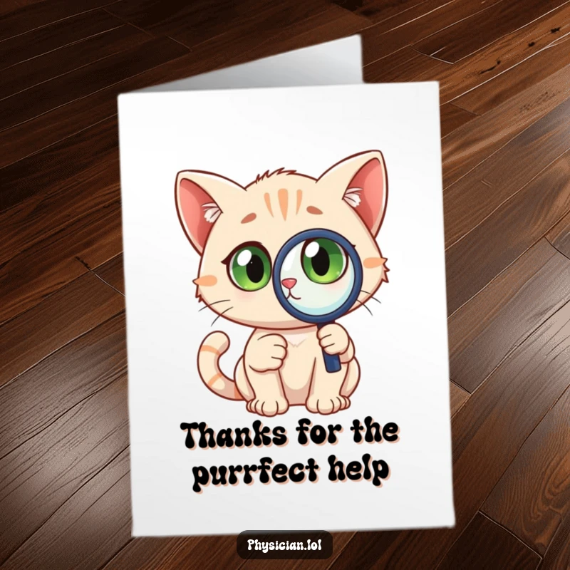 Funny Free Printable Thank You Card: A curious cat with a magnifying glass, wide-eyed, investigating details to express thanks.