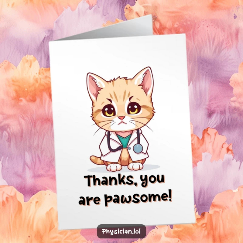 Funny free printable thank you card: a little kitten doctor in a white coat with a worried expression.