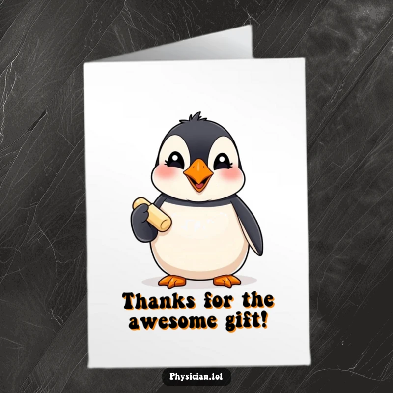 Funny Free Printable Thank You Card: A giggling puffin offers a pill, a unique and humorous way to express downloadable gratitude.