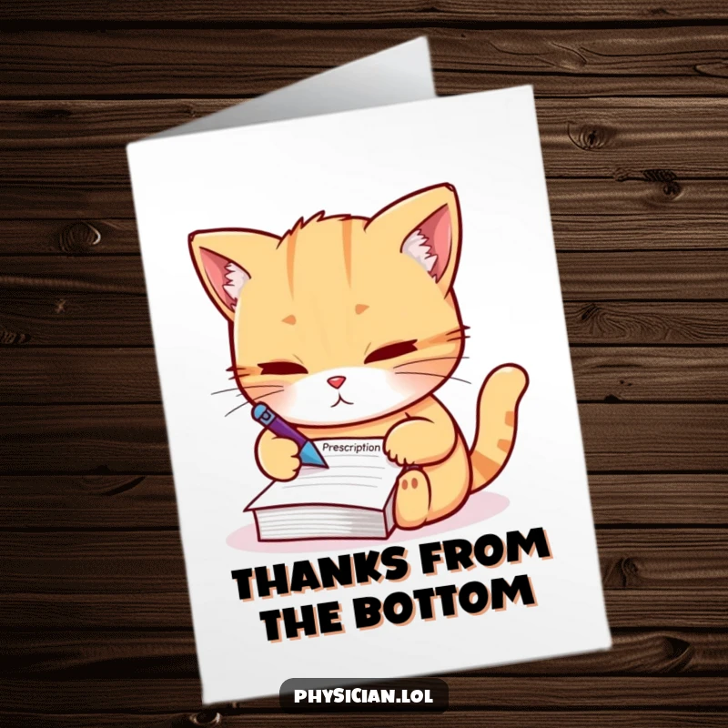 Funny free printable thank you card: A careful cat writes a prescription, detailing the perfect remedy for gratitude, a charming gesture.