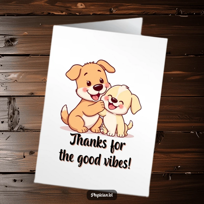 Funny Free Printable Thank You Card: A gentle dog places a paw on a happy puppy, conveying warm thanks. Adorable and heartfelt.
