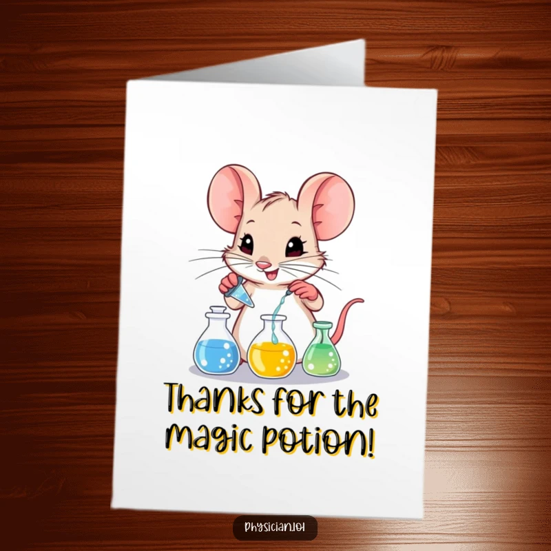 Funny Free Printable Thank You Card: Mischievous mouse scientist carefully mixing colorful liquids in a lab setting.