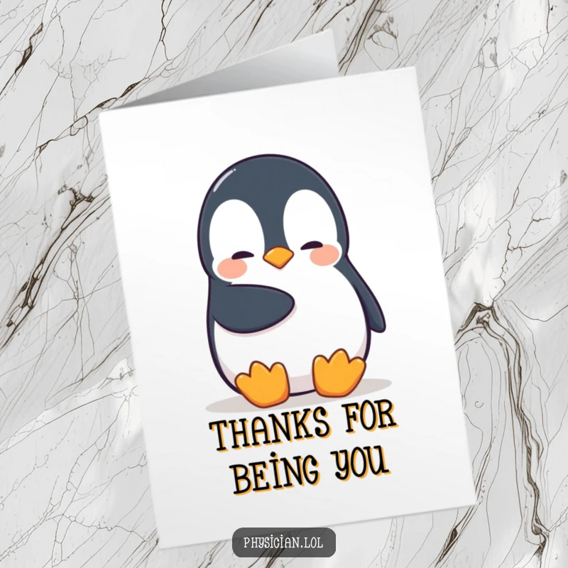 Funny Free Printable Thank You Card: Shy penguin giving a soft, appreciative pat, a warm thank you.