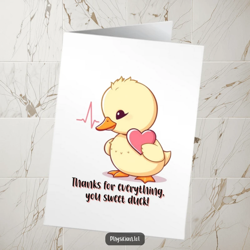 Funny Free Printable Thank You Card: A wobbly duckling listening intently to a heartbeat, conveying thanks.