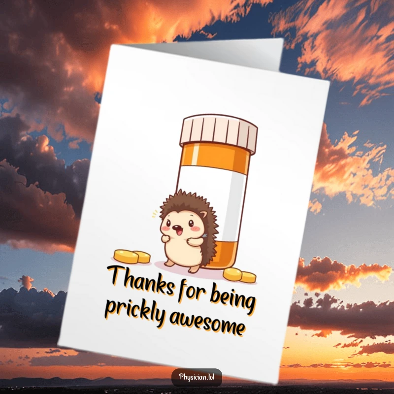 Funny Free Printable Hedgehog Thank You Card: Hedgehog humorously meets a huge pill bottle, conveying thanks.