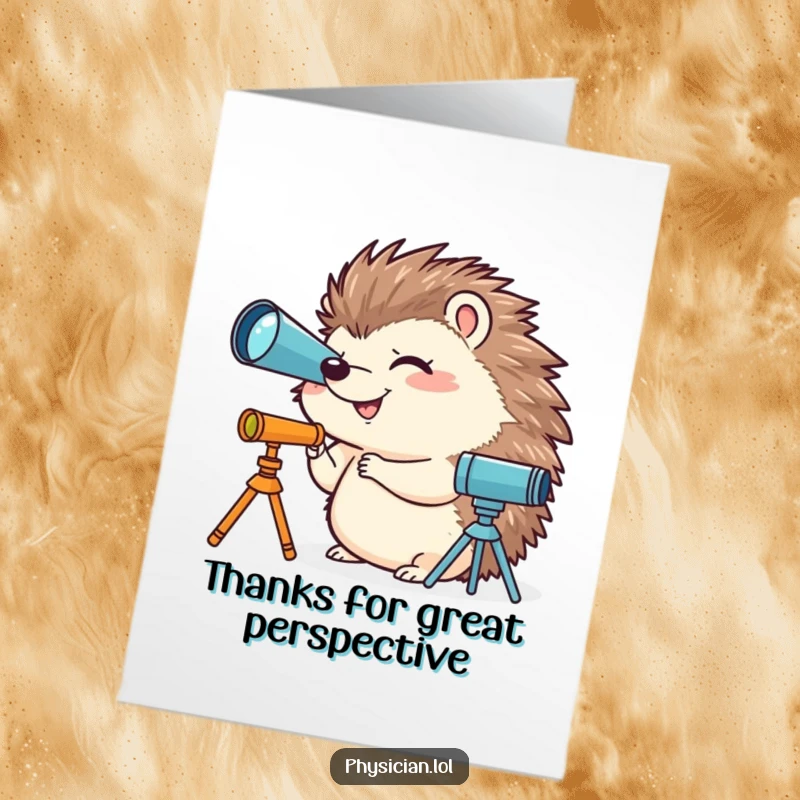Funny Free Printable Thank You Card: Giggling hedgehog using a miniature telescope, offering thanks, downloadable.
