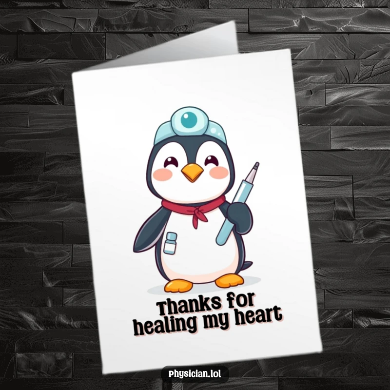 Funny Free Printable Thank You Card featuring a proud penguin holding a medical instrument, expressing thanks with care, downloadable art.