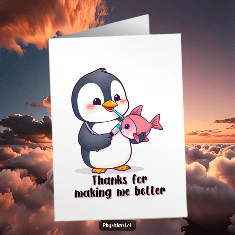 Funny Free Printable Thank You Card featuring a penguin doctor confidently using a thermometer on a fish, showing thanks.