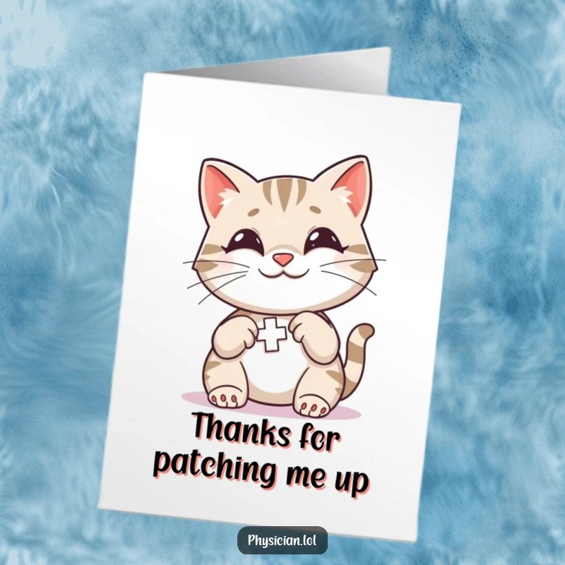 Funny Free Printable Thank You Card: Smiling cat administering a bandage, a humorous downloadable card for expressing thanks.