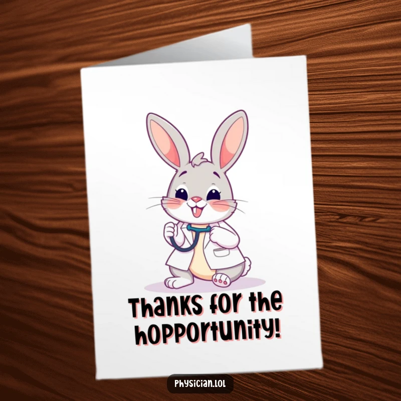 Funny free printable thank you card of a friendly bunny doctor cheerfully examining a patient with a stethoscope.
