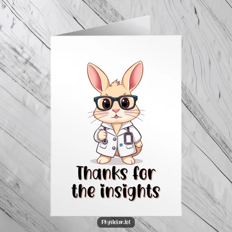Funny Free Printable Thank You Card: A curious rabbit dressed in a lab coat and glasses, looking studious and amusing.
