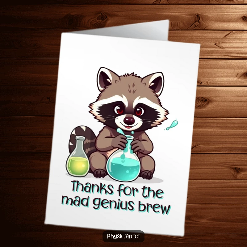 Funny Free Printable Raccoon Mad Scientist Thank You Card: Raccoon presenting a weird potion as a thank you gift.