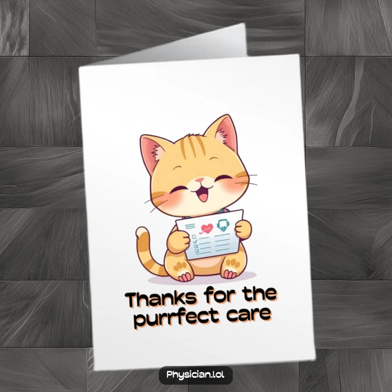 Funny Free Printable Thank You Card: A beaming cat doctor meticulously examining a medical chart, expressing thanks with precision.
