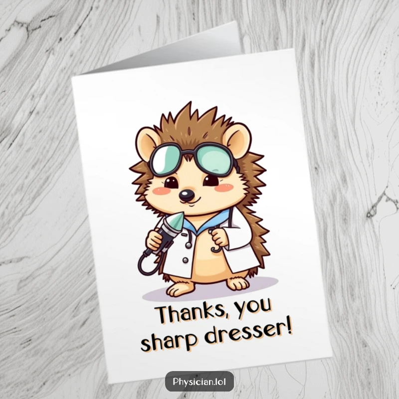 Funny Free Printable Hedgehog Doctor Thank You Card, a cute animal medical professional holding a small instrument, showing gratitude.