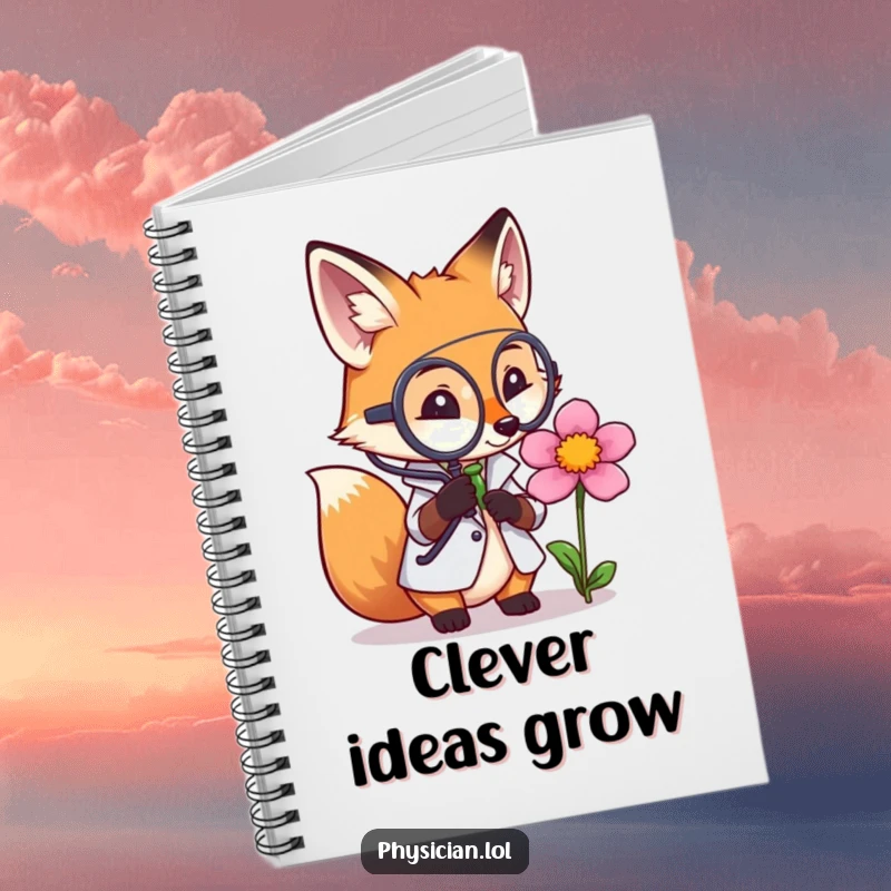 Funny notebook showing a fox doctor thoughtfully examining a flower with a magnifying glass, ideal for taking notes with humorous insight.