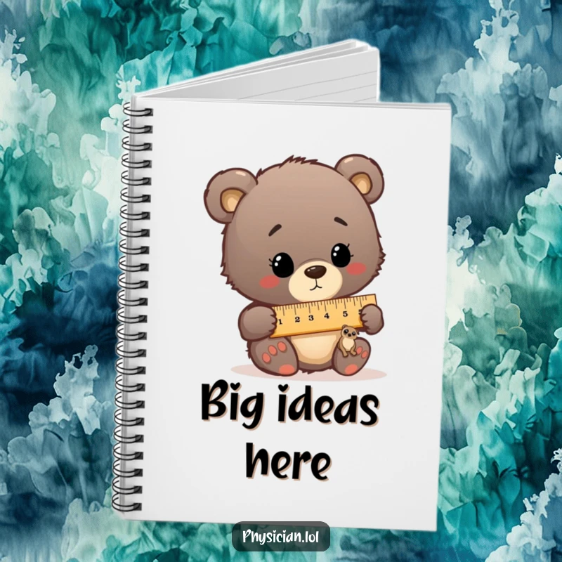 Funny notebook with a bear cub doctor using a comically oversized ruler to measure a tiny patient.