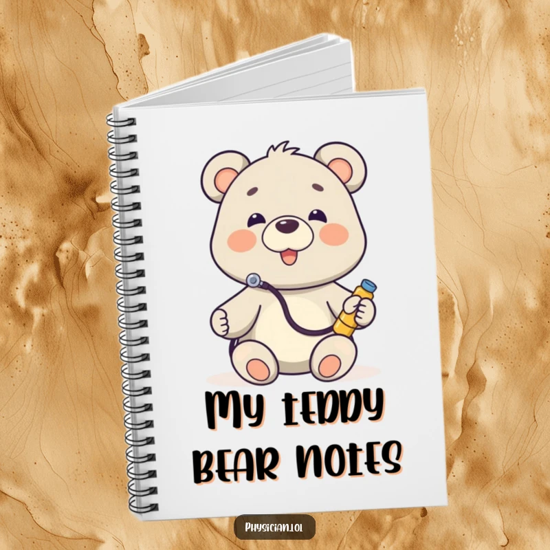 Funny Bear Doctor Notebook with a cute bear wearing a stethoscope, listening to a toy, ready for notes and inspiration.