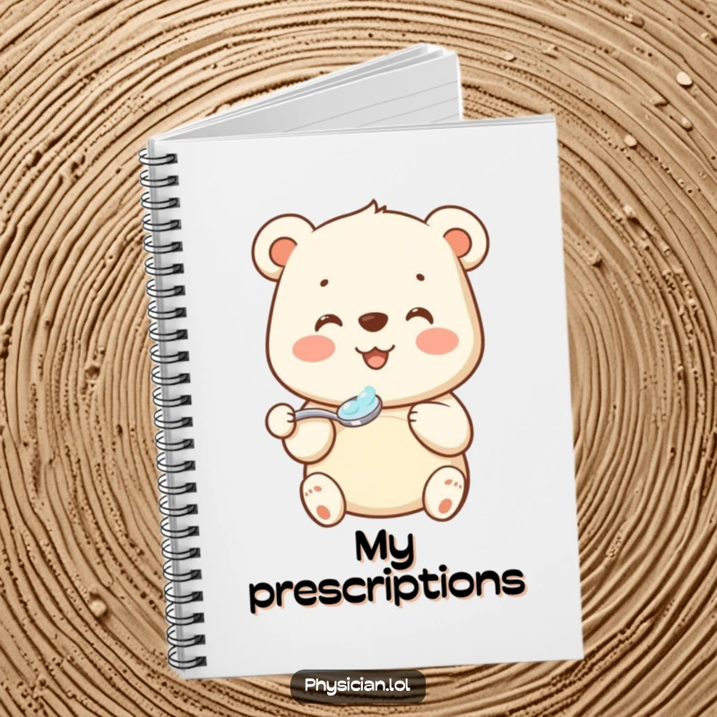 Funny bear medicine notebook with a beaming bear offering a spoonful of medicine, ideal for jotting down notes and positive thoughts.