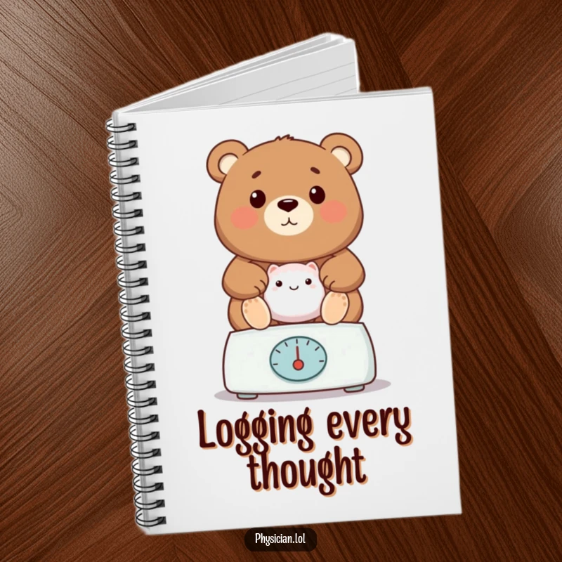 Funny bear vet notebook cover, showing a proud bear weighing a patient, encouraging humorous note-taking for animal care.