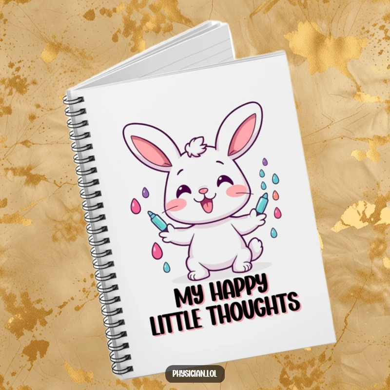 Funny notebook cover with a cheerful bunny character happily giving colorful drops, encouraging notes filled with joy and humor.