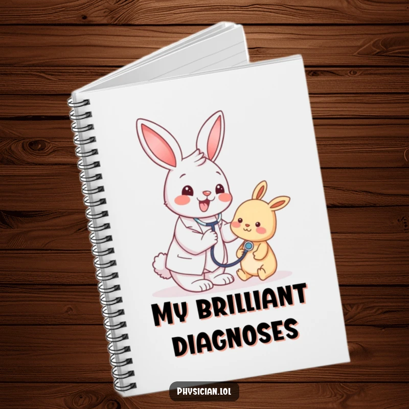 Funny bunny doctor notebook cover, stethoscope ready for action, ideal for jotting down important notes and funny thoughts.