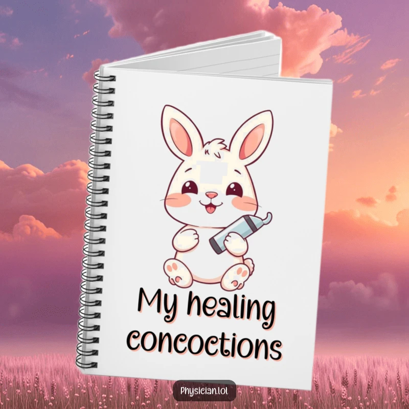 Funny bunny notebook for recording health notes, featuring a happy bunny holding a syringe with humor.