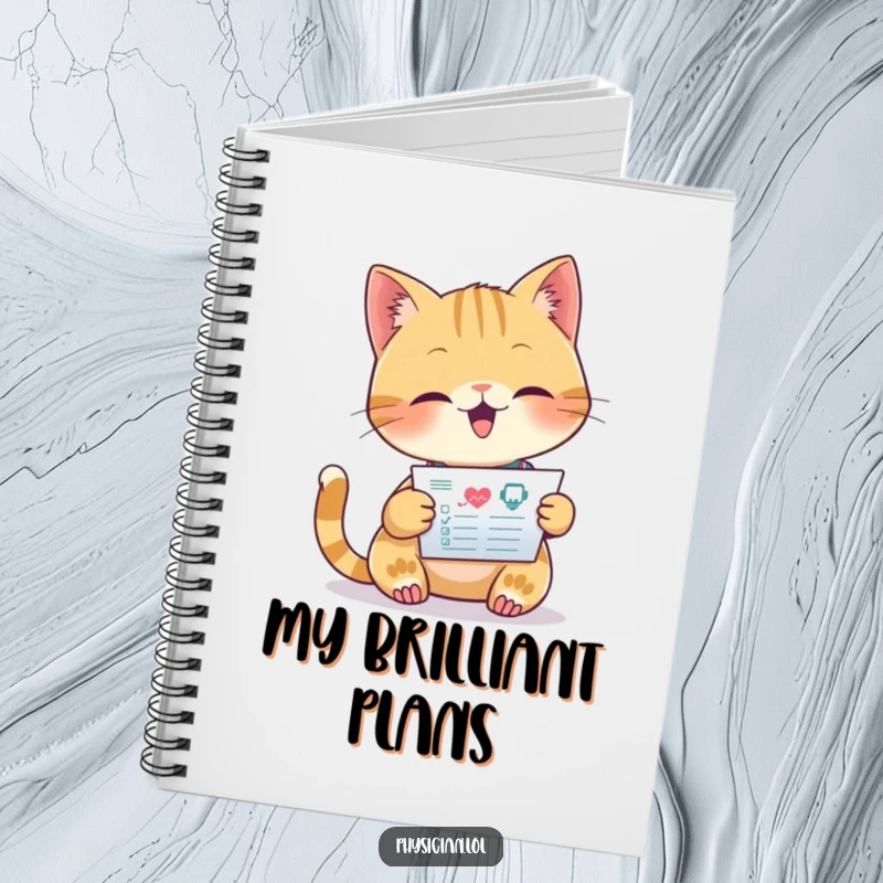 Funny notebook cover with a beaming cat doctor intently reading a medical chart, encouraging focused note-taking.