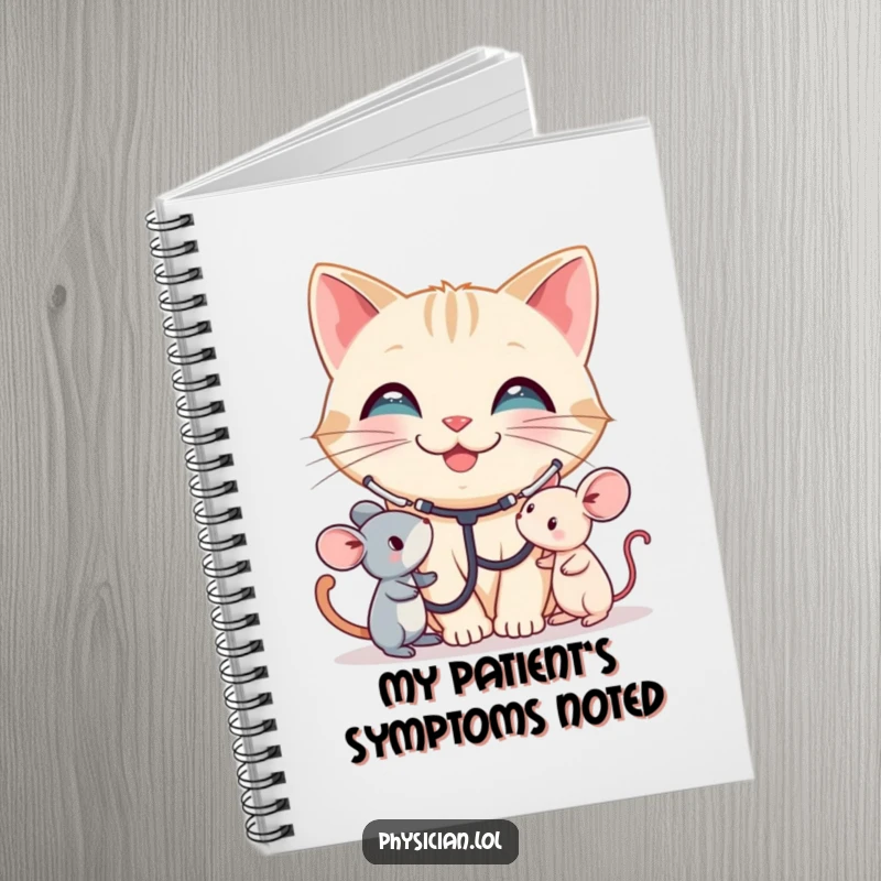 Funny Cat Notebook: A smiling cat wearing a stethoscope listens to a toy mouse. This humorous notebook is perfect for caring notes, a funny gift.