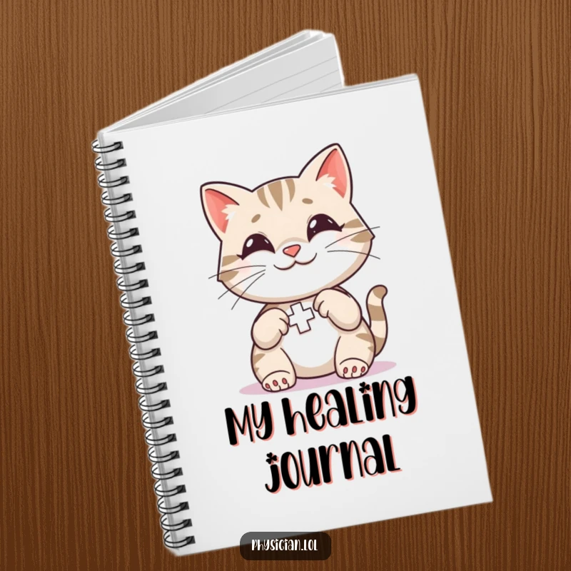 Funny Cat First Aid Notebook featuring a smiling cat applying a bandage, perfect for jotting down notes or daily reflections.