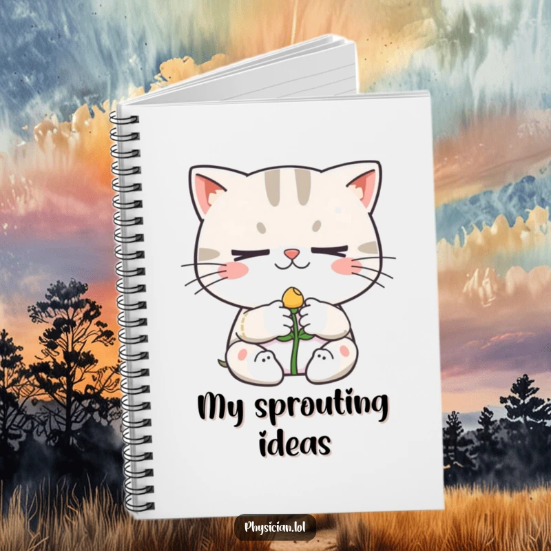Funny notebook cover with a determined cat character bandaging a smiling sprout, encouraging notes about growth, care, and humorous observations.