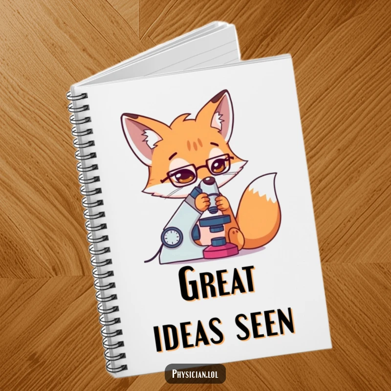 Funny Fox Scientist Notebook with a determined fox using a microscope, ideal for jotting down scientific observations.