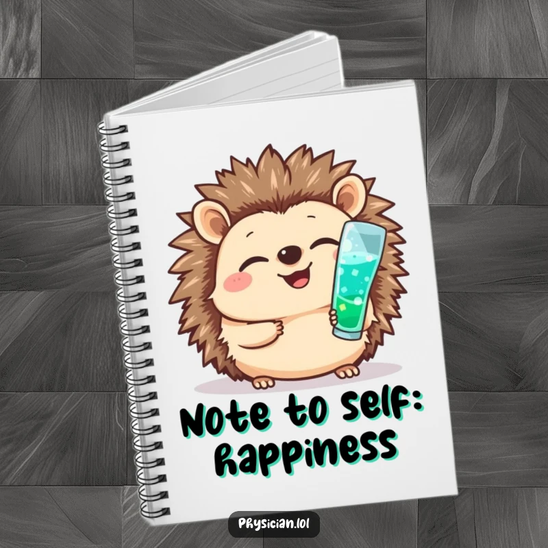 Funny notebook cover with a giggling hedgehog nurse cheerfully giving a shot, encouraging focused note-taking with cute humor.
