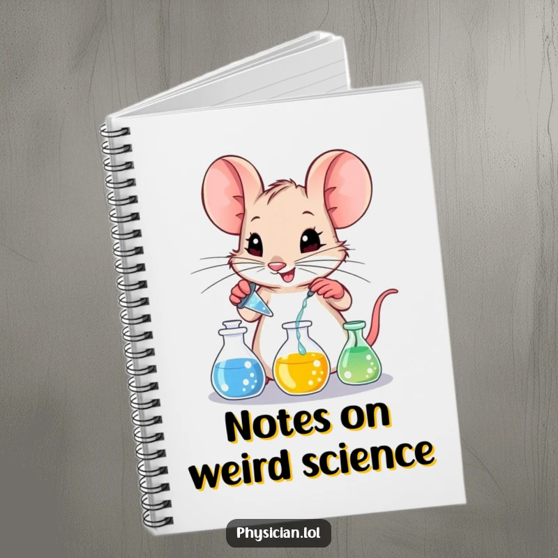 Funny mischievous mouse writing notes in a lab book, surrounded by tiny beakers and colorful liquids.