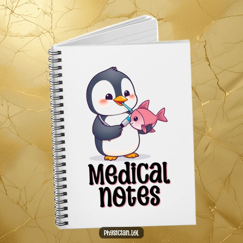 Funny penguin doctor notebook featuring a penguin using a thermometer on a fish, perfect for medical notes.