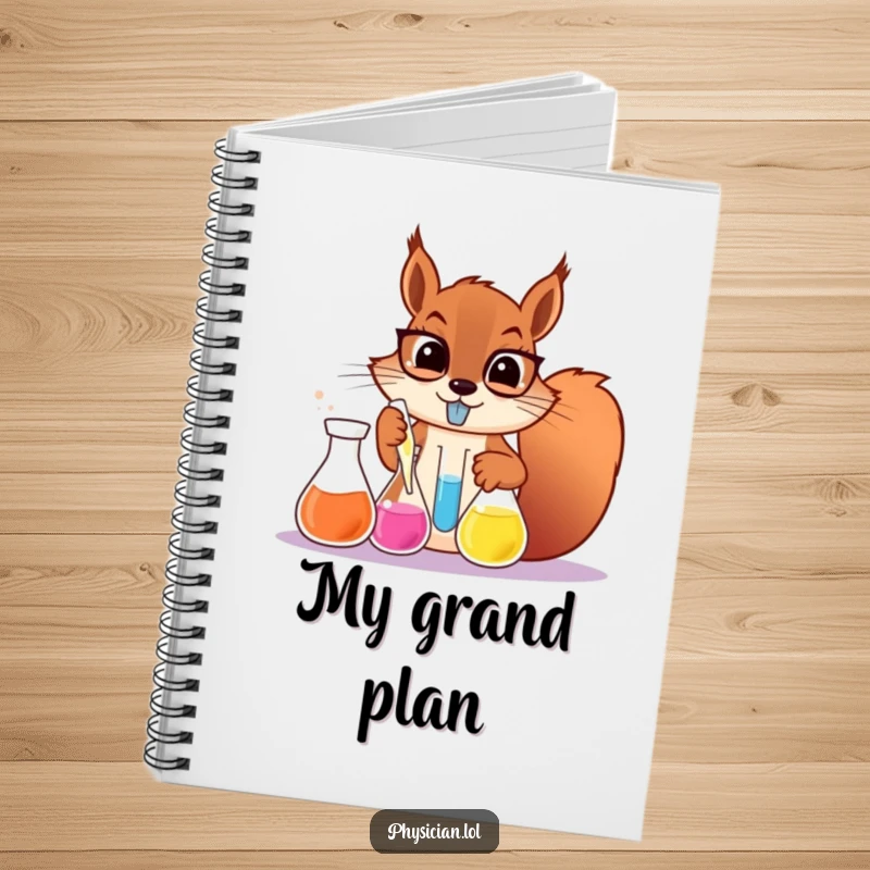 Funny determined squirrel scientist notebook, a squirrel mixing colorful liquids in beakers, spiral-bound for note-taking.