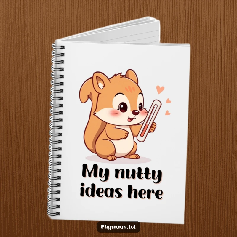 Funny squirrel notebook, a playful squirrel with a thermometer, ideal for jotting down notes with a touch of humor.