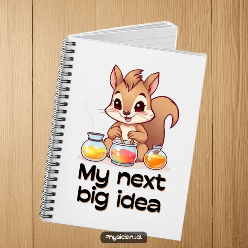 Funny brave squirrel diligently writing in a notebook, surrounded by potion ingredients, symbolizing creative brainstorming.