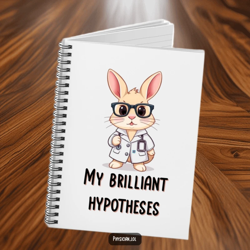 Funny notebook with a curious rabbit wearing a lab coat and glasses, perfect for jotting down scientific ideas.