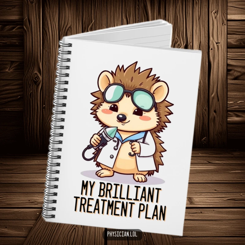 Funny hedgehog doctor notebook, illustrated with a cute hedgehog holding a tiny medical tool, ideal for notes and a bit of cheer, a funny gift.