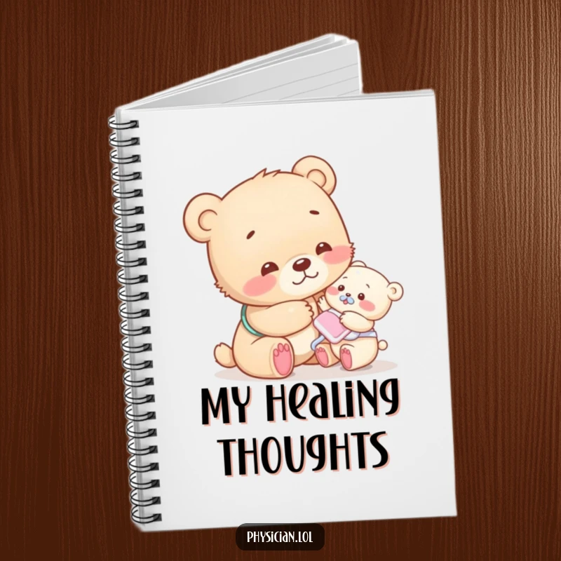 Funny bear cub notebook for recording kind thoughts, featuring a compassionate cub patting a patient with humor.