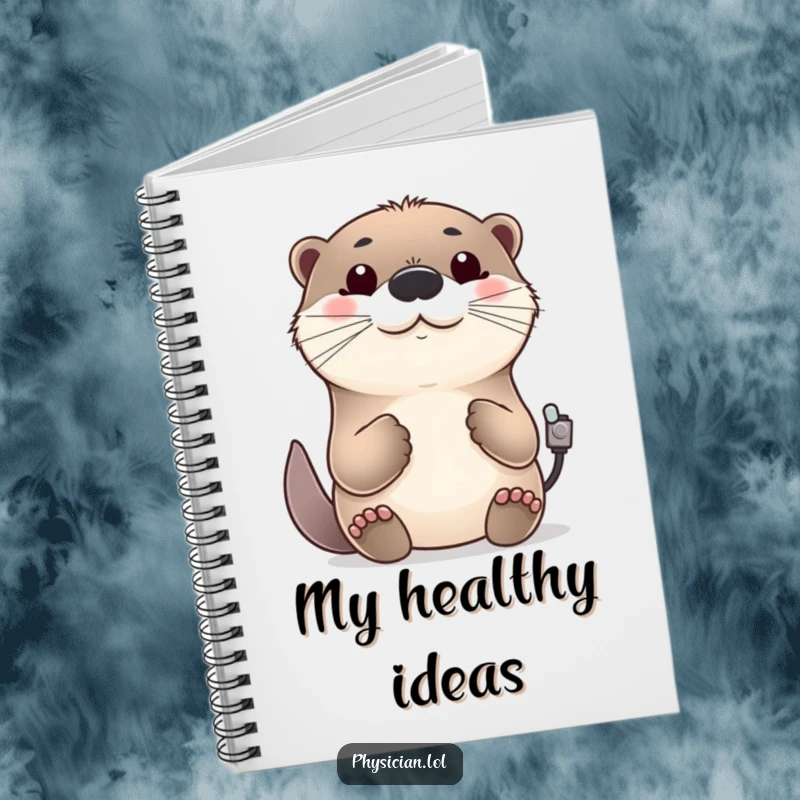 Funny cheerful otter notebook, open pages, checking a pulse, friendly nod, positive and humorous stationery.
