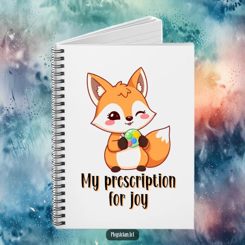 Funny fox notebook, cheerful fox prescribing a colorful pill with a wink, journal, humorous animal design.